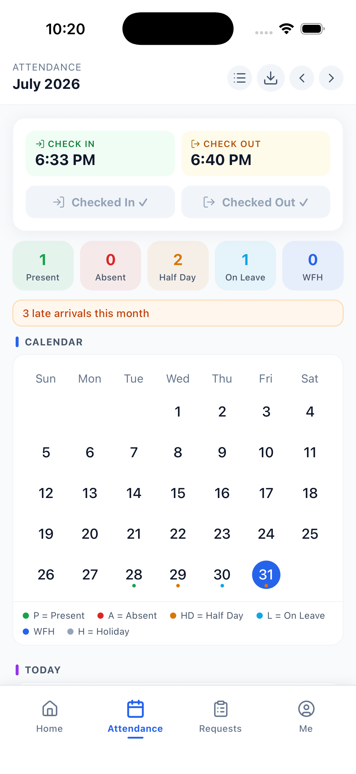 Payroll Bharat mobile app — Attendance screen