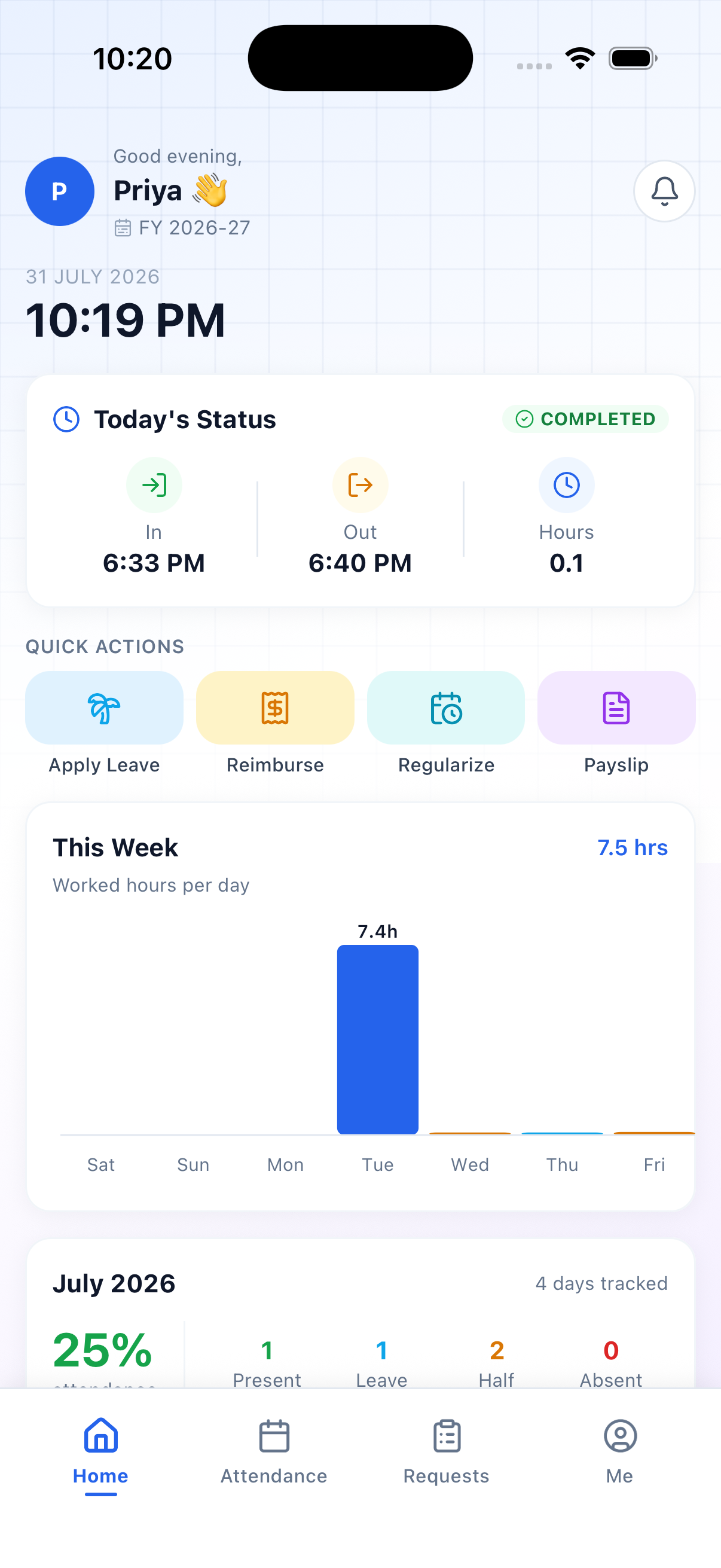 Payroll Bharat mobile app — Home screen