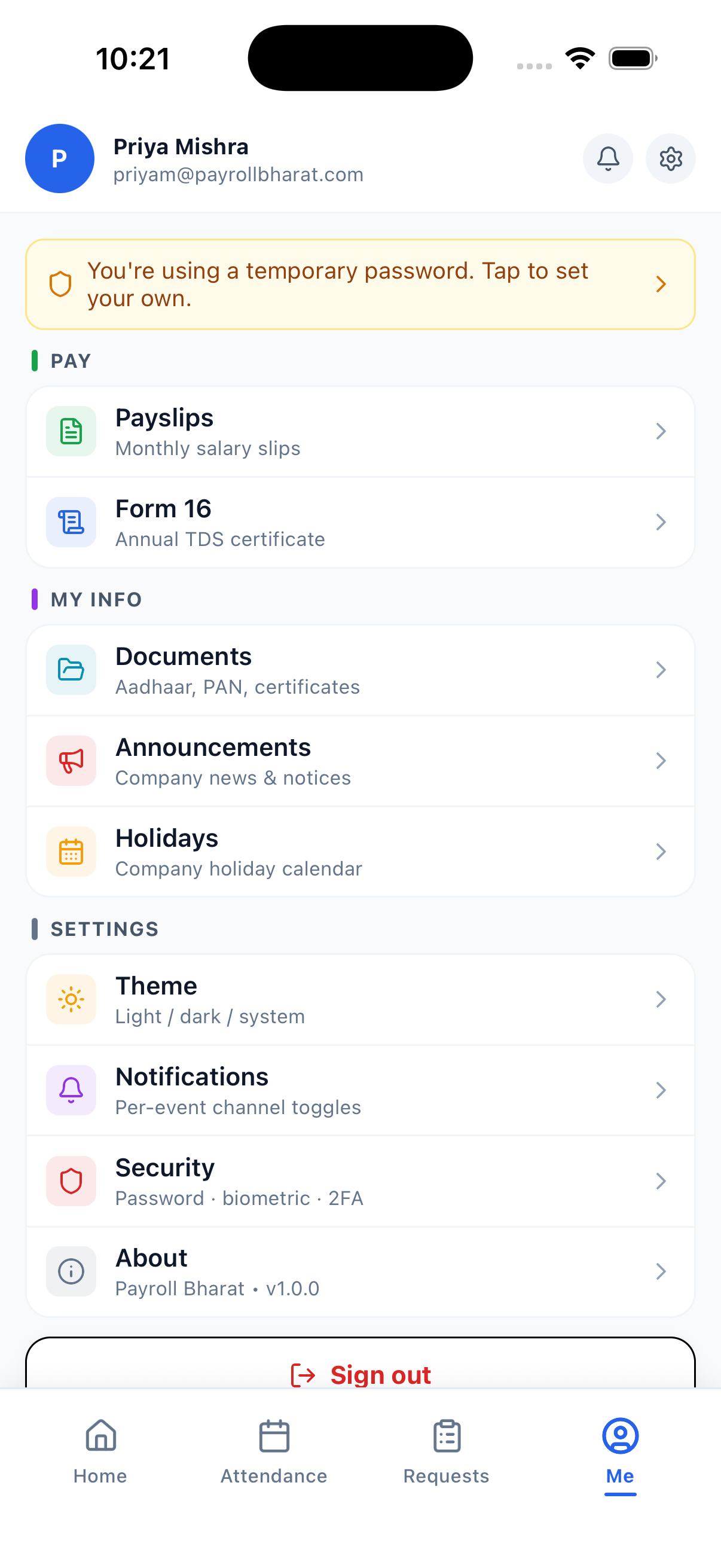 Payroll Bharat mobile app — Me screen